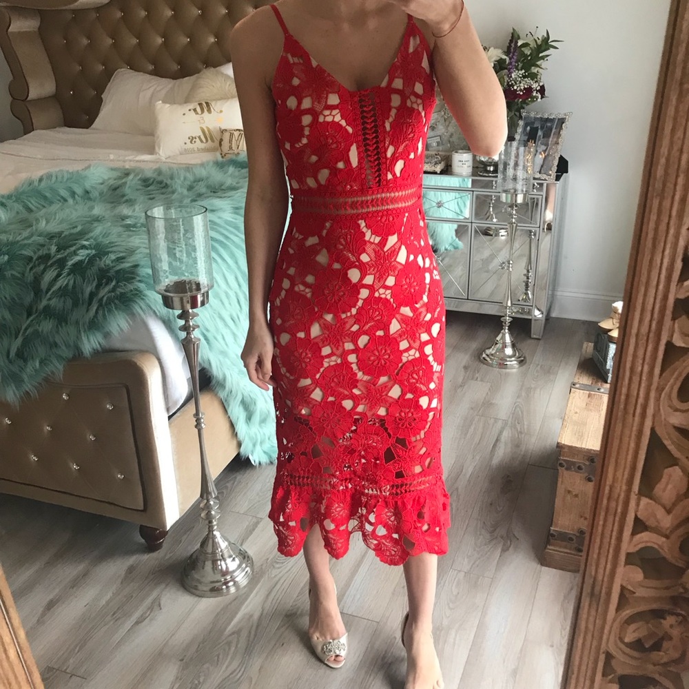 Red Crochet Ruffle Cocktail Dress